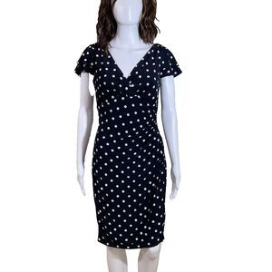 LAUREN by Ralph Lauren midi dress petite 6P Black White Polka Dot Ruched Jersey